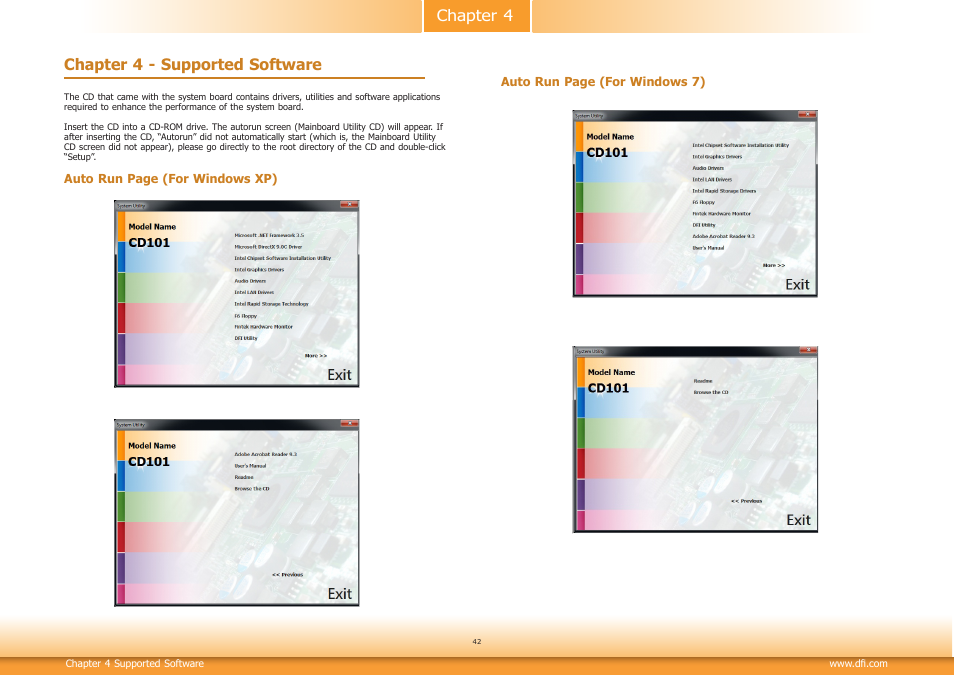 Chapter 4 - supported software, Chapter 4 chapter 4 - supported software | DFI CD101-N User Manual | Page 42 / 69
