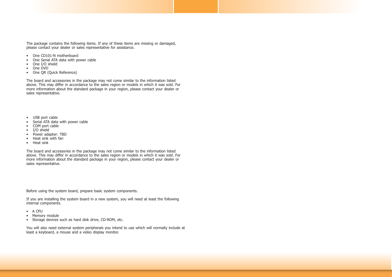 About the package, Before using the system board, Optional items | DFI CD101-N User Manual | Page 5 / 69