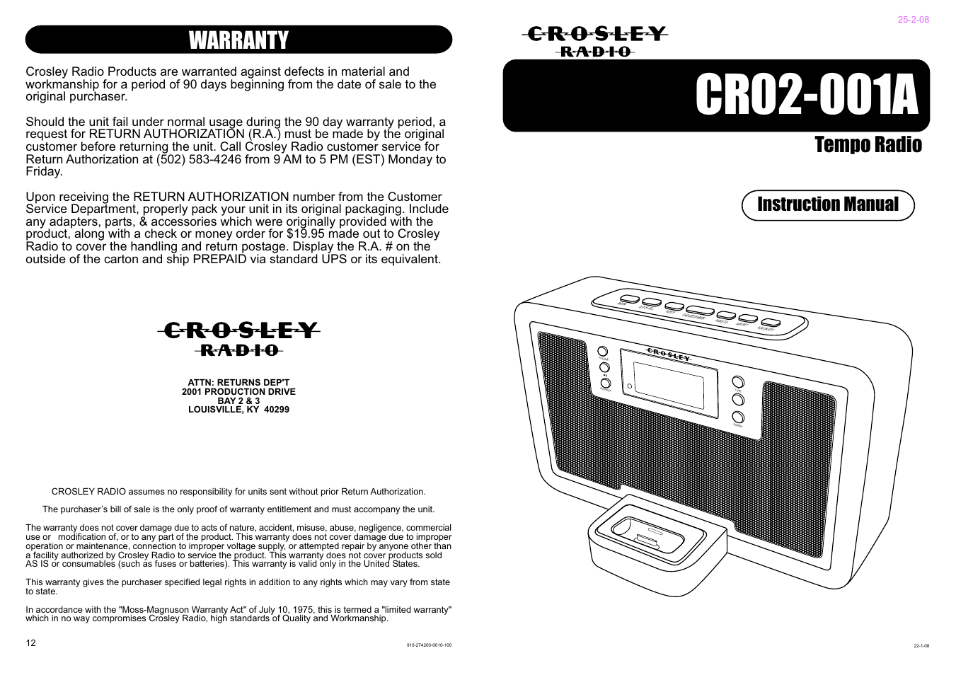 Crosley Radio CR02-001A User Manual | 6 pages