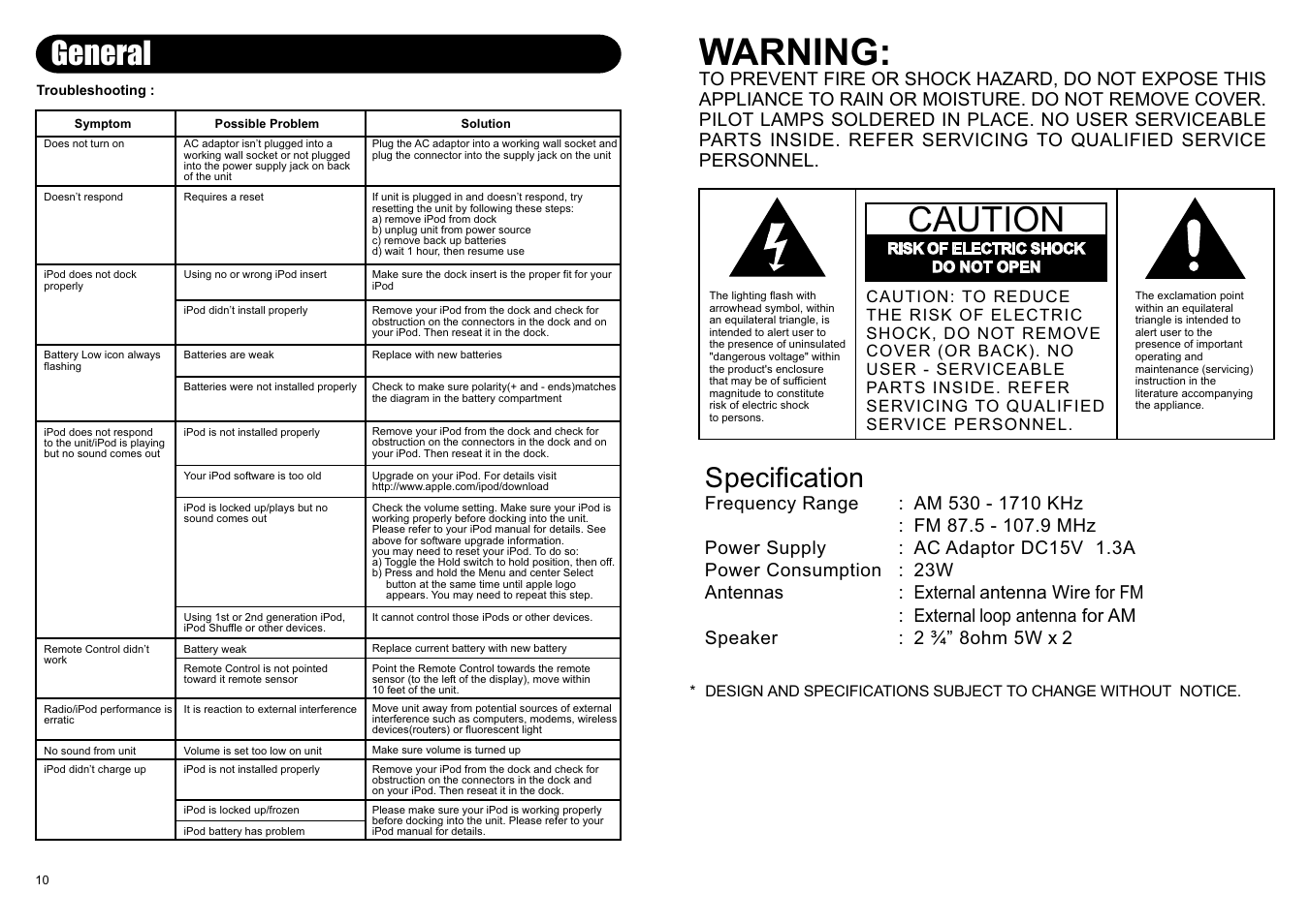 Warning, Caution, General | Specification | Crosley Radio CR02-001A User Manual | Page 2 / 6