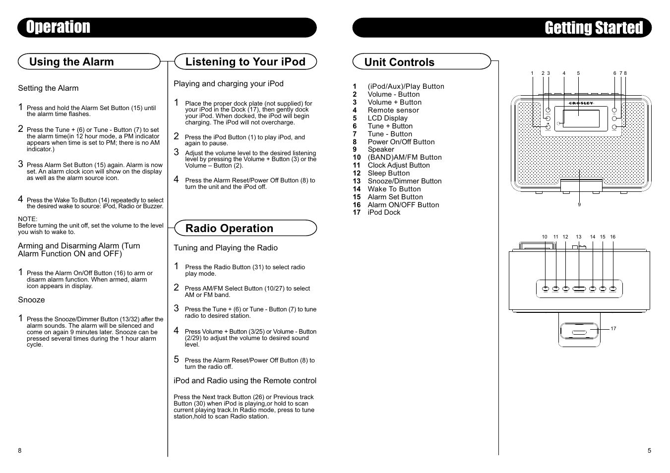 Operation, Getting started, Unit controls | Volume - ipod/aux power + tune | Crosley Radio CR02-001A User Manual | Page 3 / 6