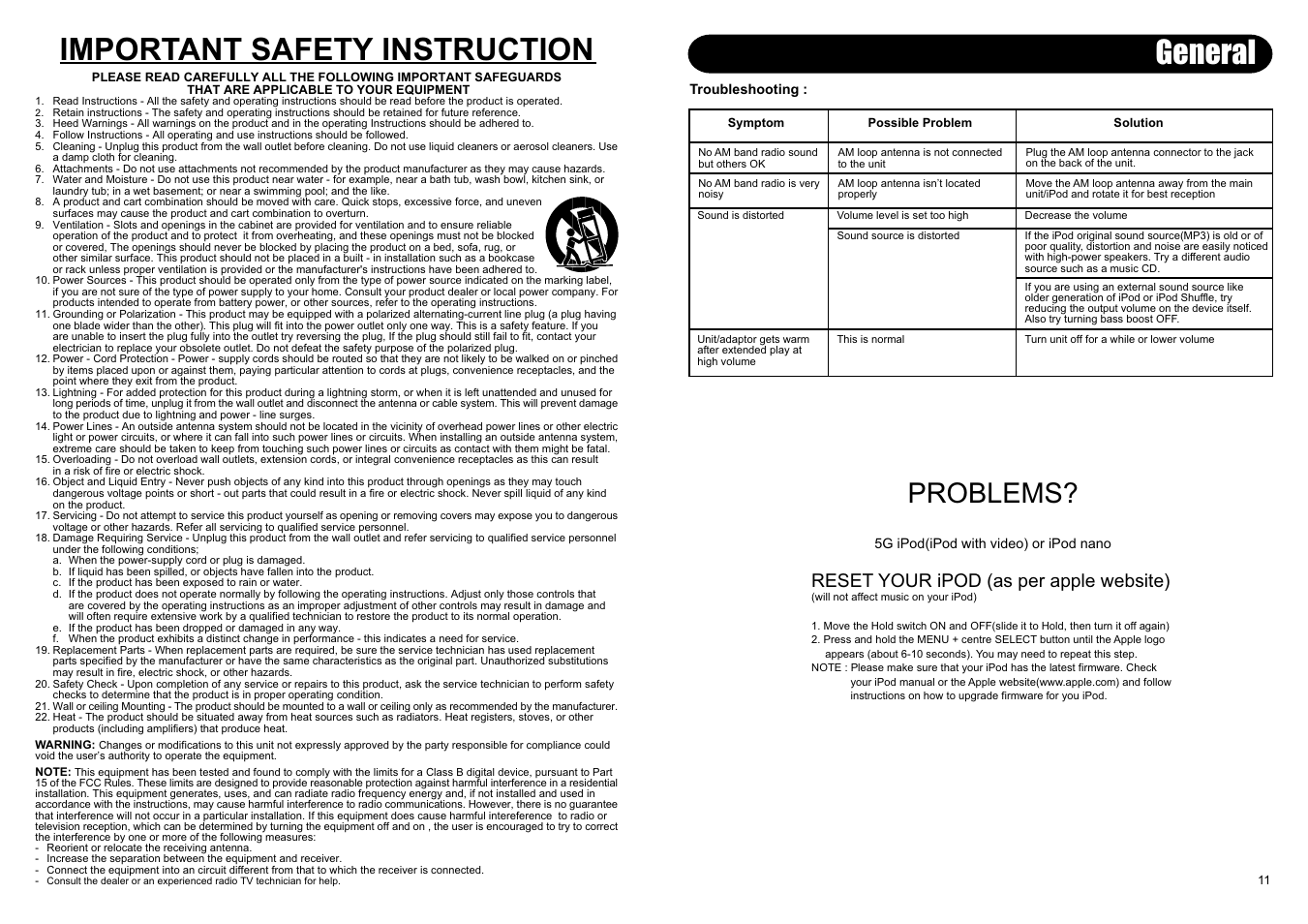 General, Important safety instruction, Problems | Reset your ipod (as per apple website) | Crosley Radio CR02-001A User Manual | Page 4 / 6