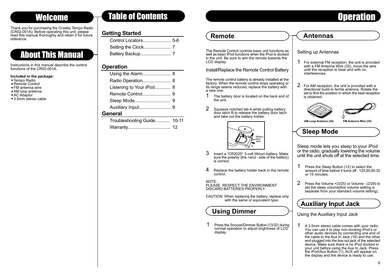 Operation, About this manual, Welcome table of contents | Remote sleep mode, Antennas auxiliary input jack, Using dimmer | Crosley Radio CR02-001A User Manual | Page 5 / 6