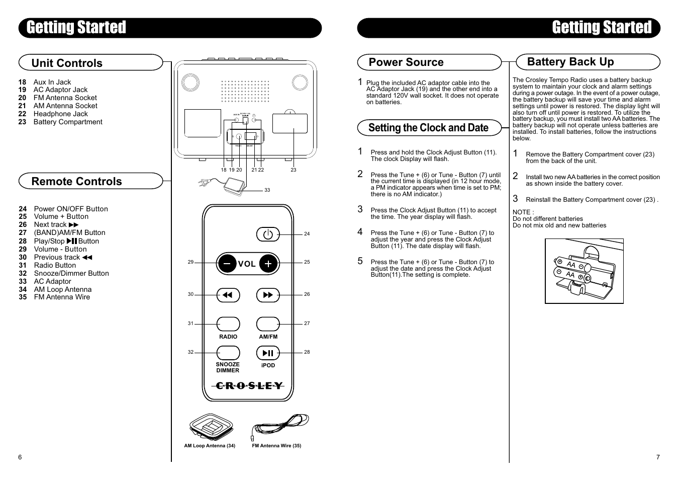 Getting started, Unit controls remote controls, Setting the clock and date power source | Battery back up | Crosley Radio CR02-001A User Manual | Page 6 / 6