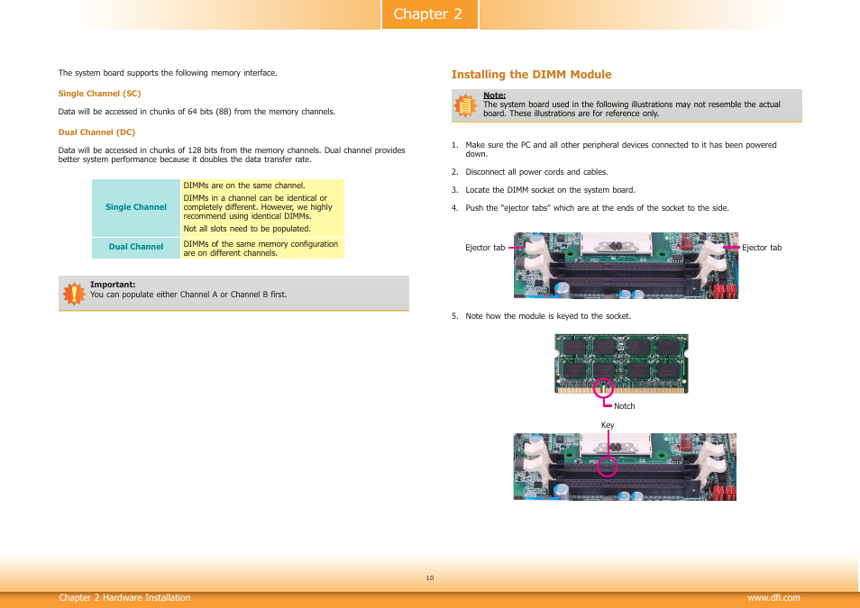 Installing the dimm module, Chapter 2 | DFI CM100-C User Manual | Page 10 / 70