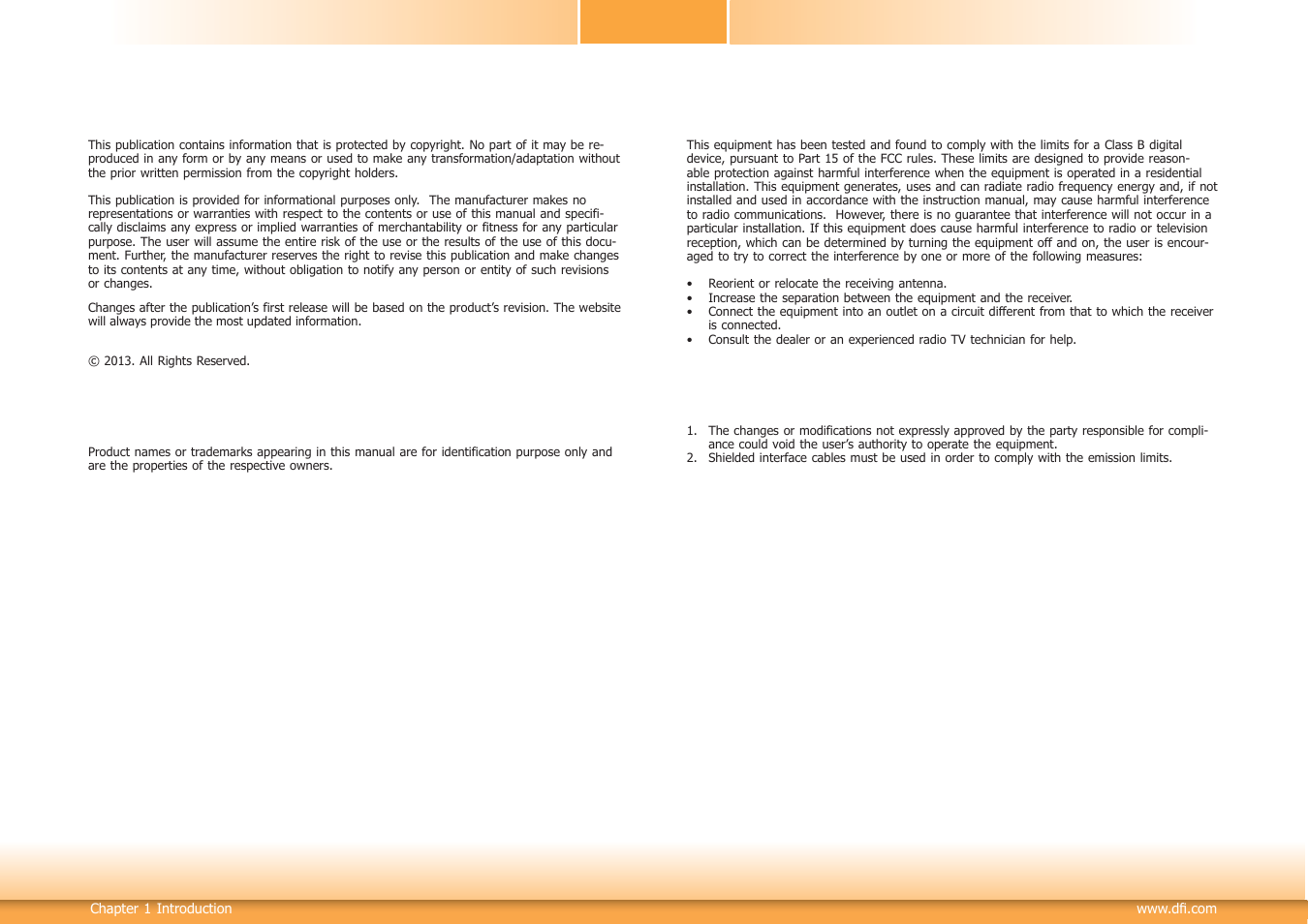 Copyright, Trademarks, Fcc and doc statement on class b | DFI CM100-C User Manual | Page 2 / 70
