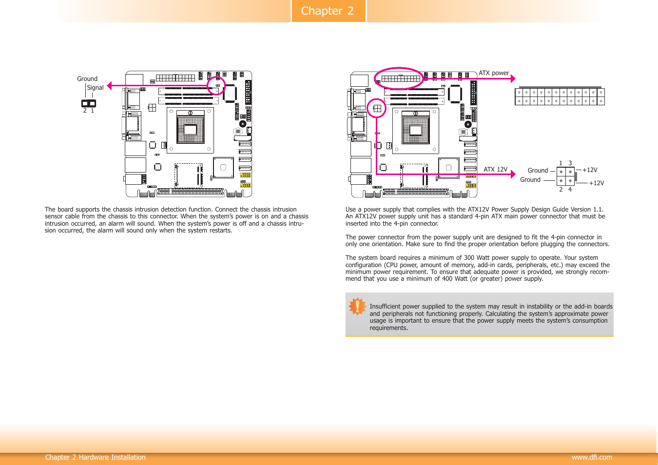 Chapter 2, Chassis intrusion connector, Power connectors | DFI CM100-C User Manual | Page 22 / 70