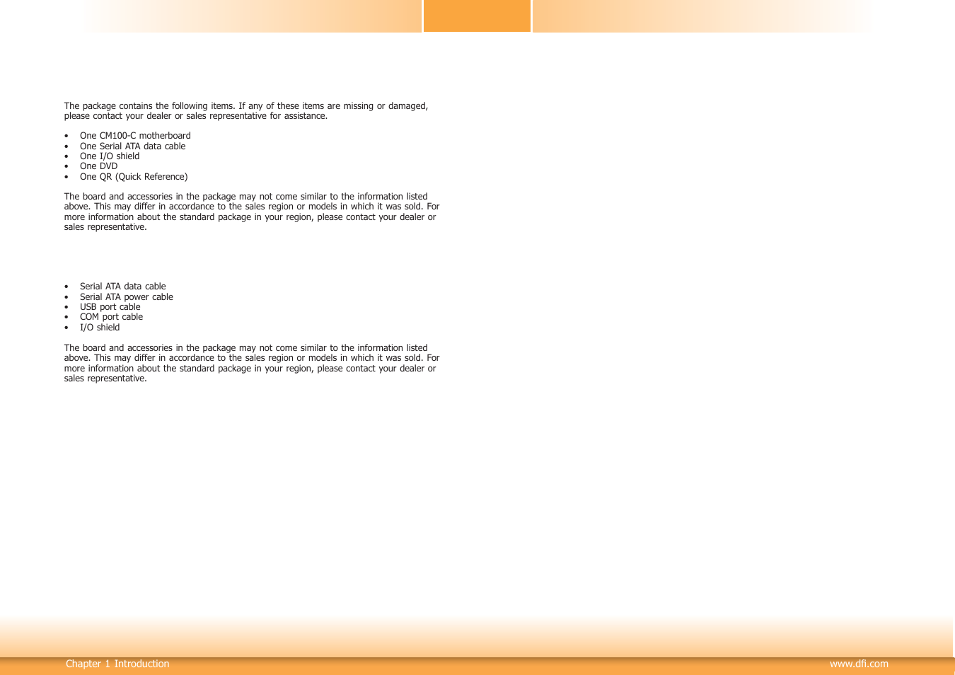 About the package, Before using the system board, Optional items | DFI CM100-C User Manual | Page 5 / 70