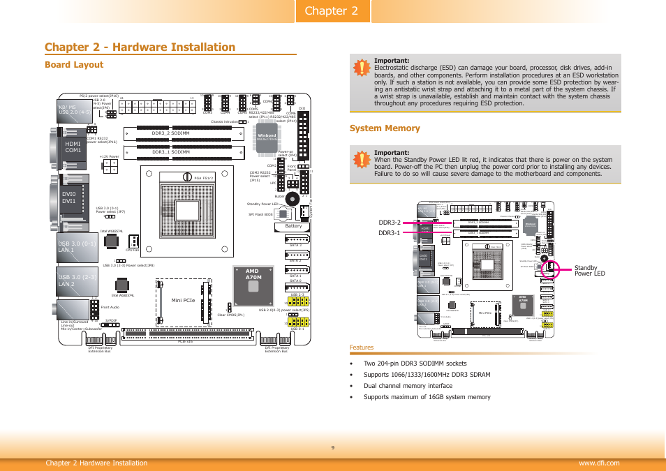 Chapter 2 - hardware installation, Board layout, System memory | Chapter 2 chapter 2 - hardware installation, Chapter 2 hardware installation | DFI CM100-C User Manual | Page 9 / 70