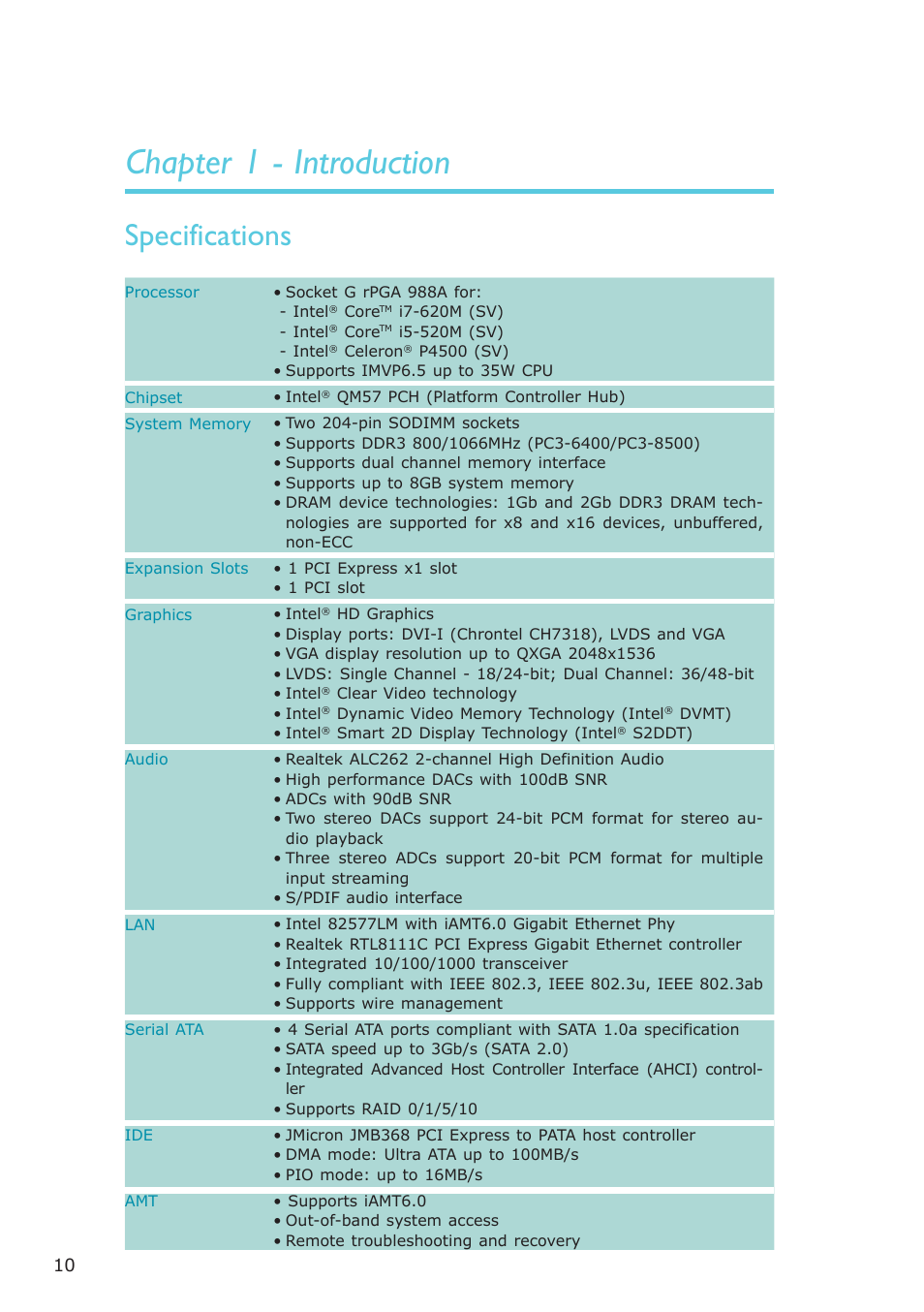 Chapter 1 - introduction, Specifications, Introduction | DFI CP100-NRM User Manual | Page 10 / 150