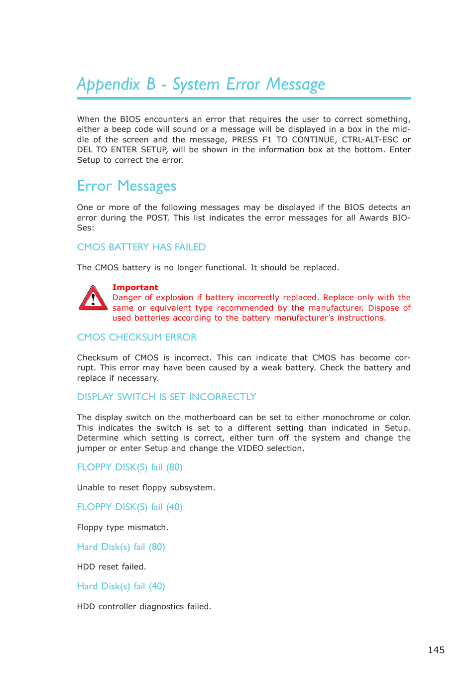 Appendix b - system error message, Error messages | DFI CP100-NRM User Manual | Page 145 / 150
