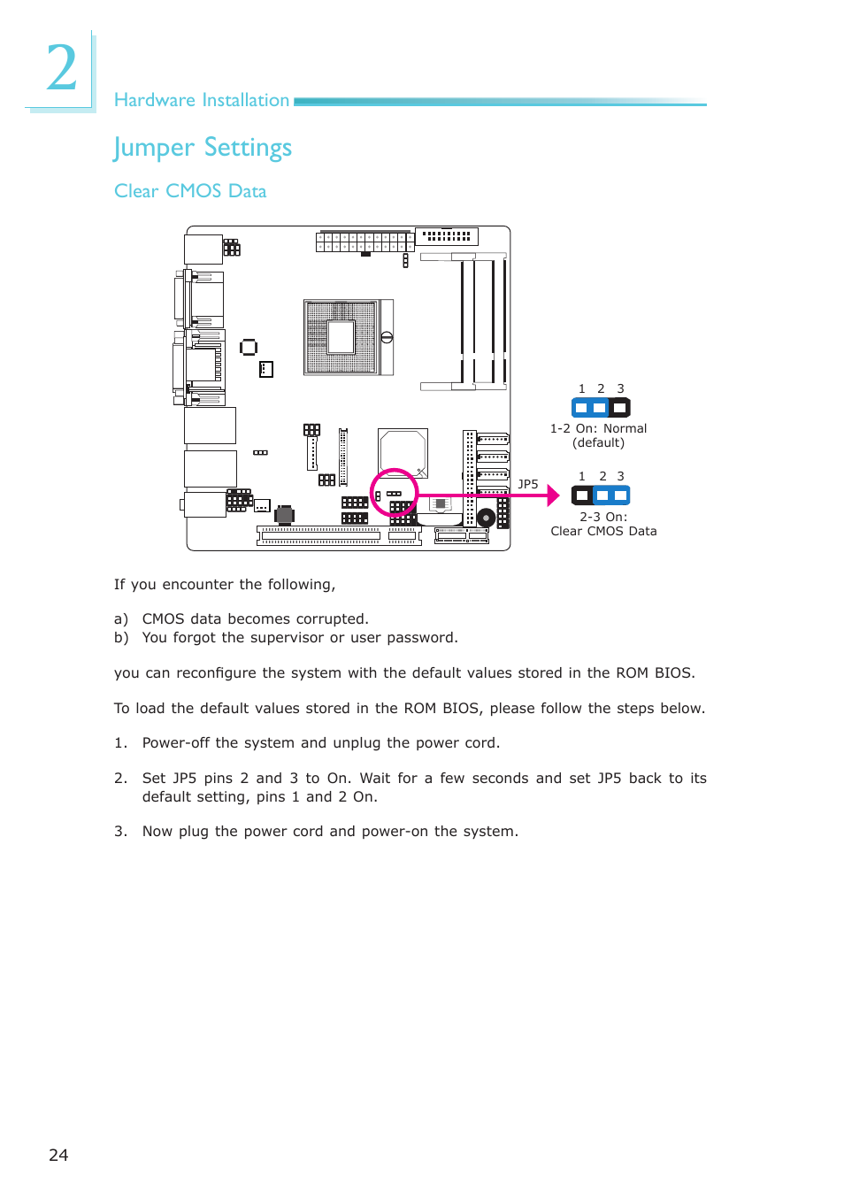Jumper settings, Hardware installation, Clear cmos data | DFI CP100-NRM User Manual | Page 24 / 150