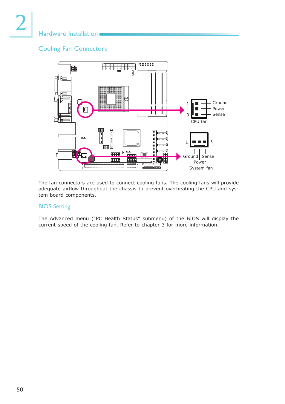 Hardware installation cooling fan connectors | DFI CP100-NRM User Manual | Page 50 / 150