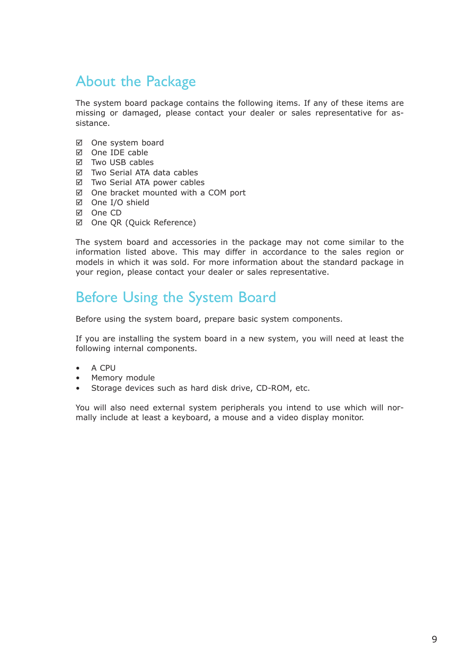 About the package, Before using the system board | DFI CP100-NRM User Manual | Page 9 / 150