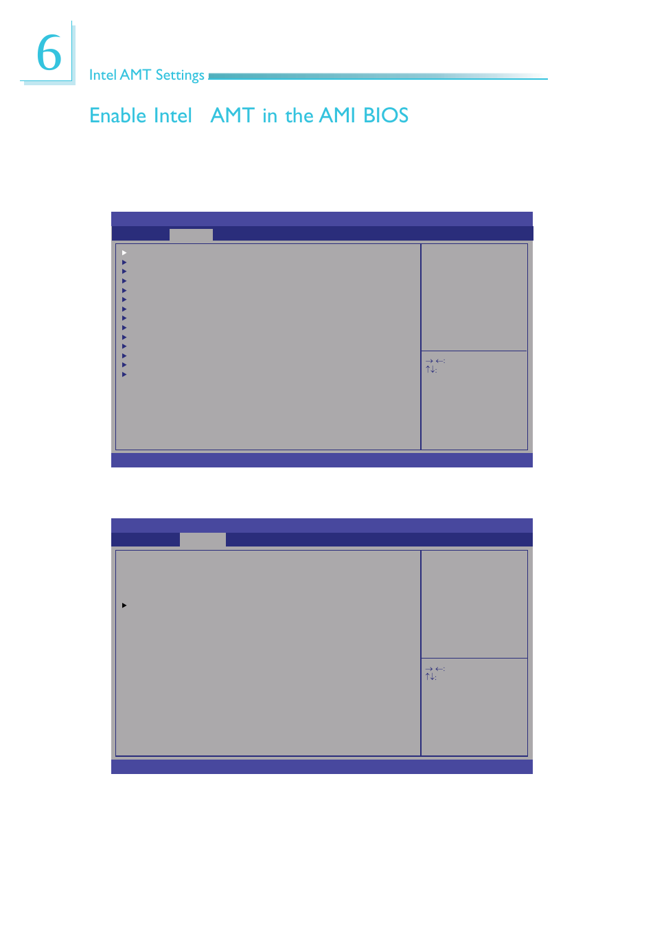 Enable intel® amt in the ami bios, Enable intel, Amt in the ami bios | Intel amt settings | DFI CR100-CRM User Manual | Page 132 / 177