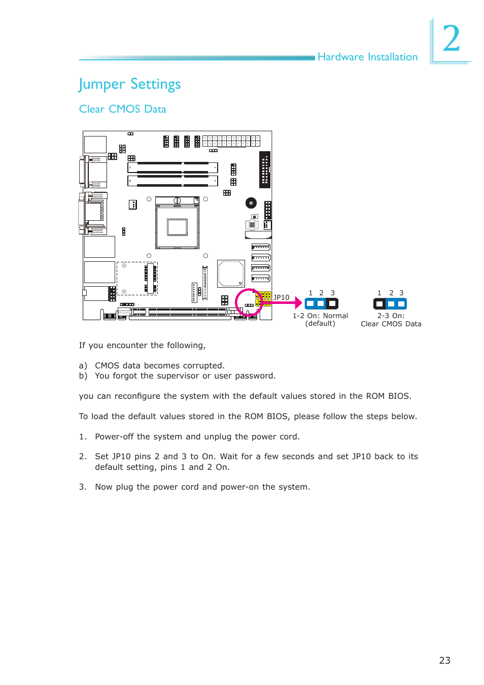 Jumper settings, Hardware installation, Clear cmos data | DFI CR100-CRM User Manual | Page 23 / 177