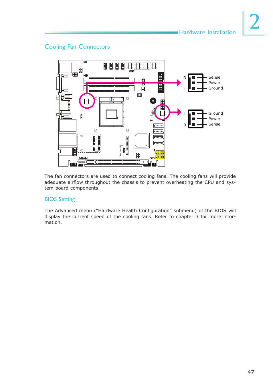 Hardware installation cooling fan connectors | DFI CR100-CRM User Manual | Page 47 / 177