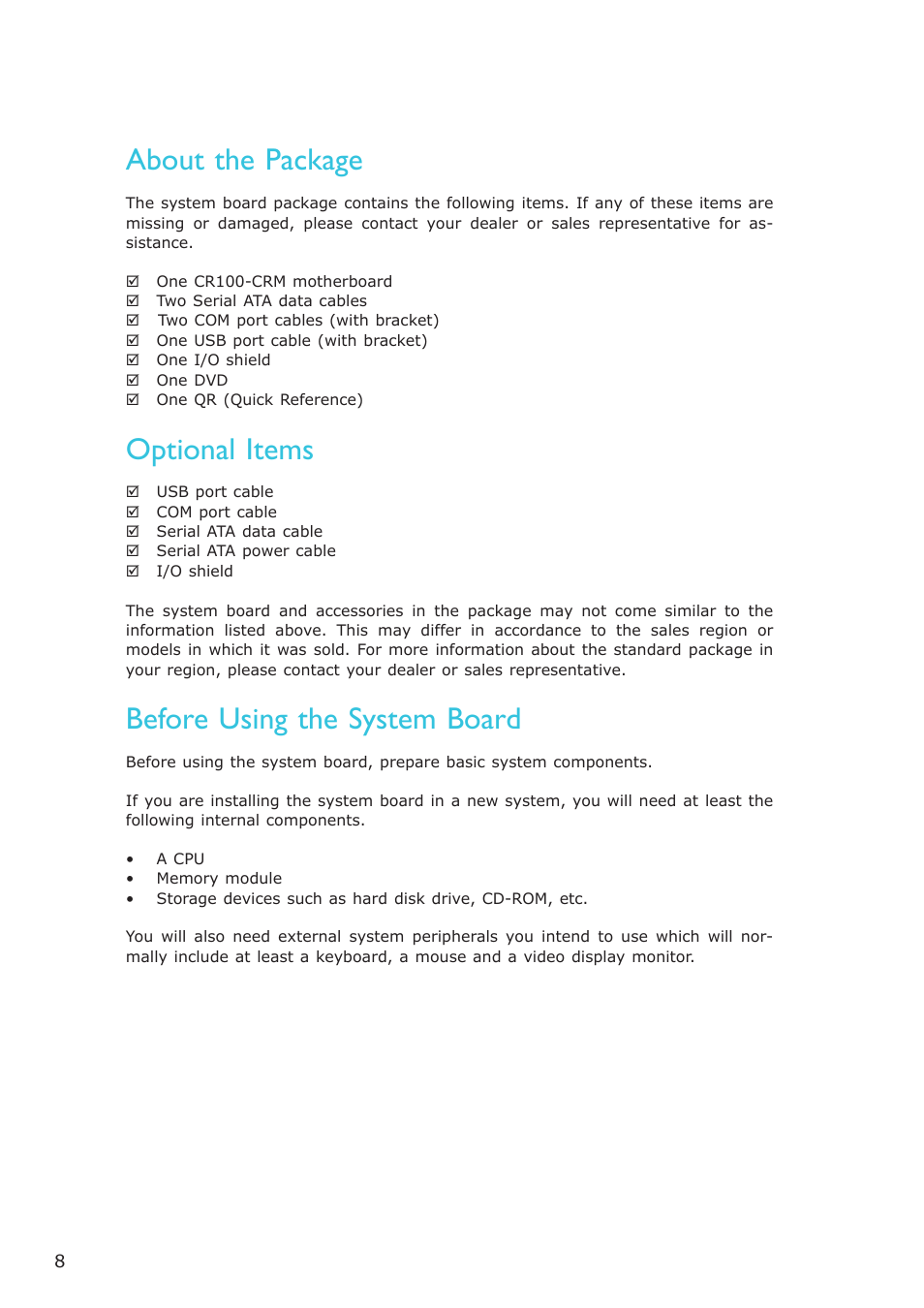 About the package, Before using the system board, Optional items | DFI CR100-CRM User Manual | Page 8 / 177