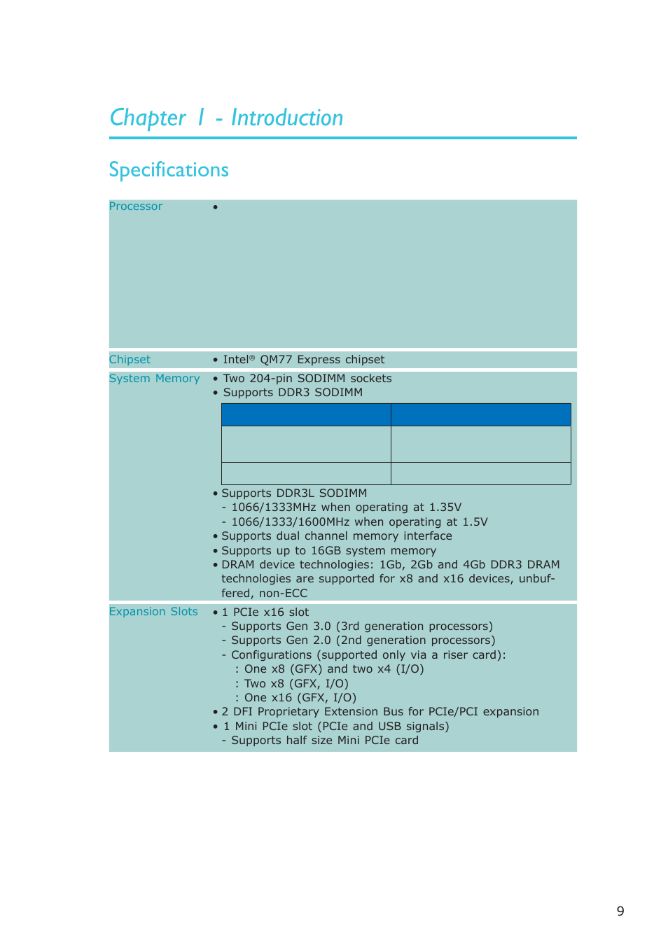 Chapter 1 - introduction, Specifications, Introduction | DFI CR100-CRM User Manual | Page 9 / 177