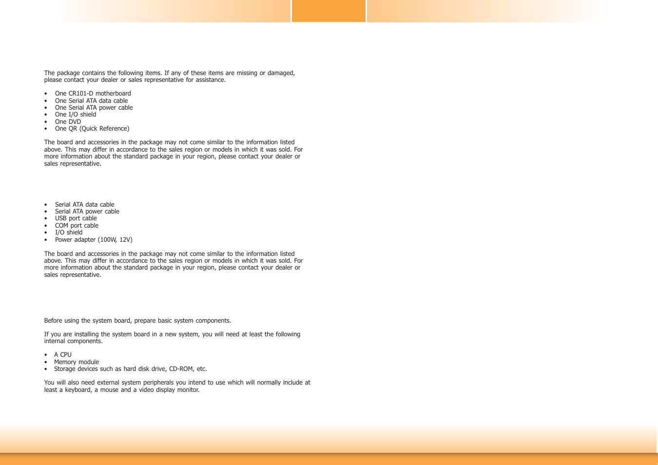 About the package, Before using the system board, Optional items | DFI CR101-D User Manual | Page 5 / 67