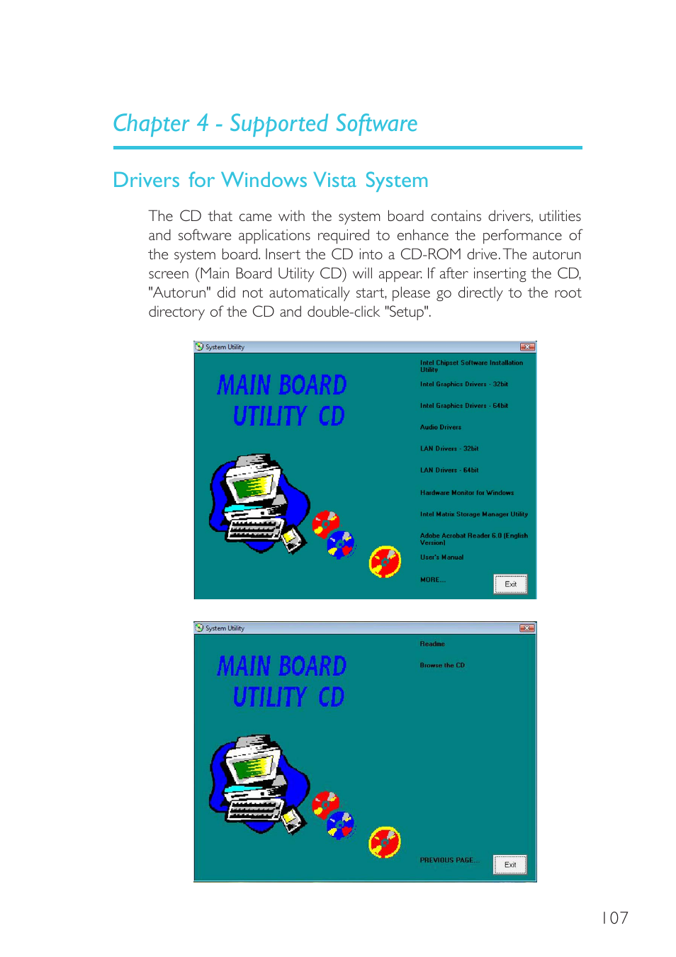 Chapter 4 - supported software, Drivers for windows vista system | DFI G5C100-NR User Manual | Page 107 / 160