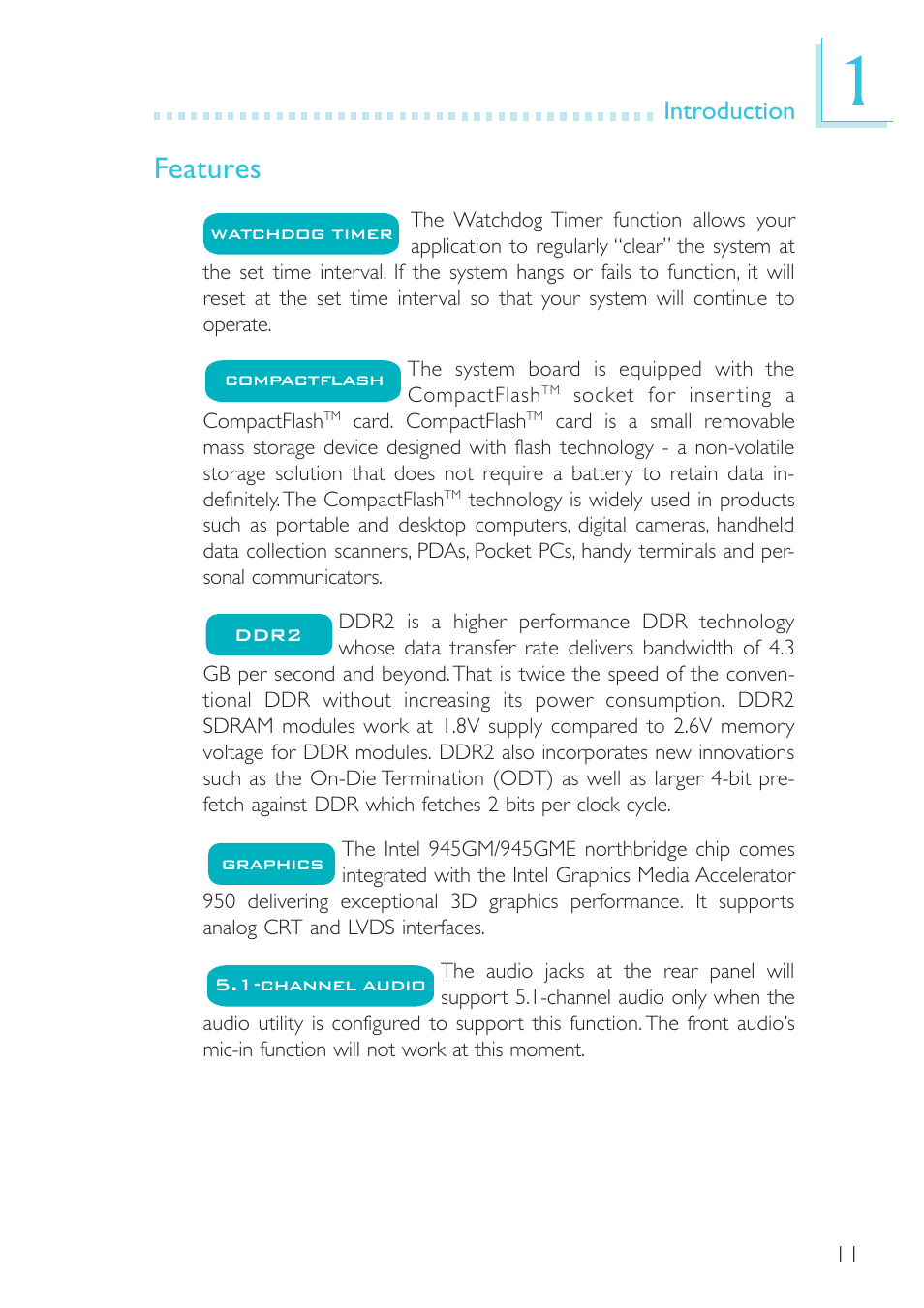 Features | DFI G5C100-NR User Manual | Page 11 / 160
