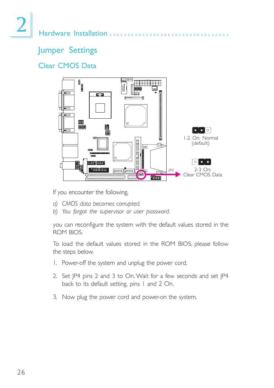 Jumper settings, Hardware installation, Clear cmos data | DFI G5C100-NR User Manual | Page 26 / 160