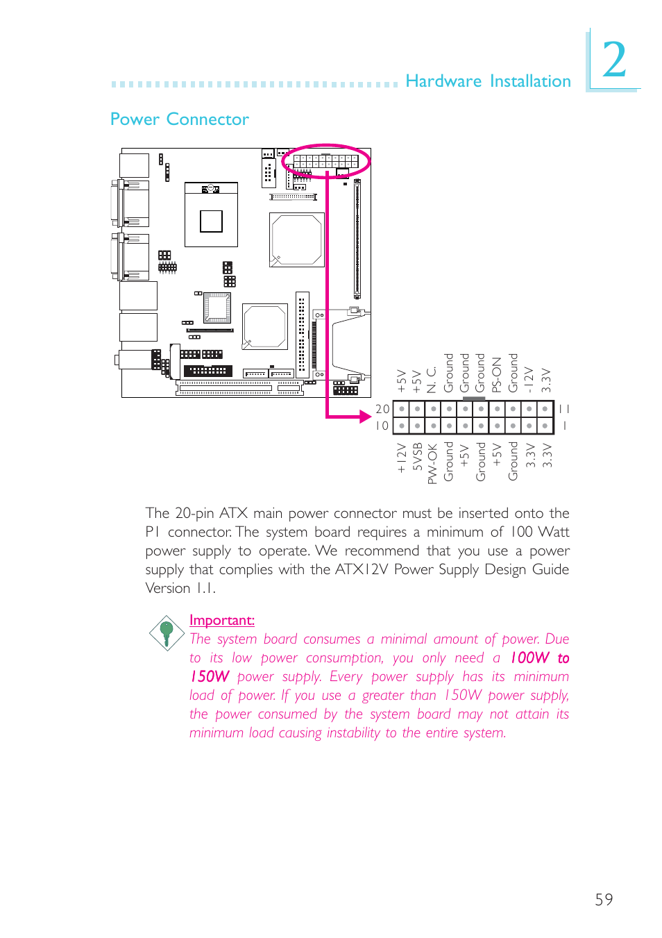 Hardware installation power connector | DFI G5C100-NR User Manual | Page 59 / 160