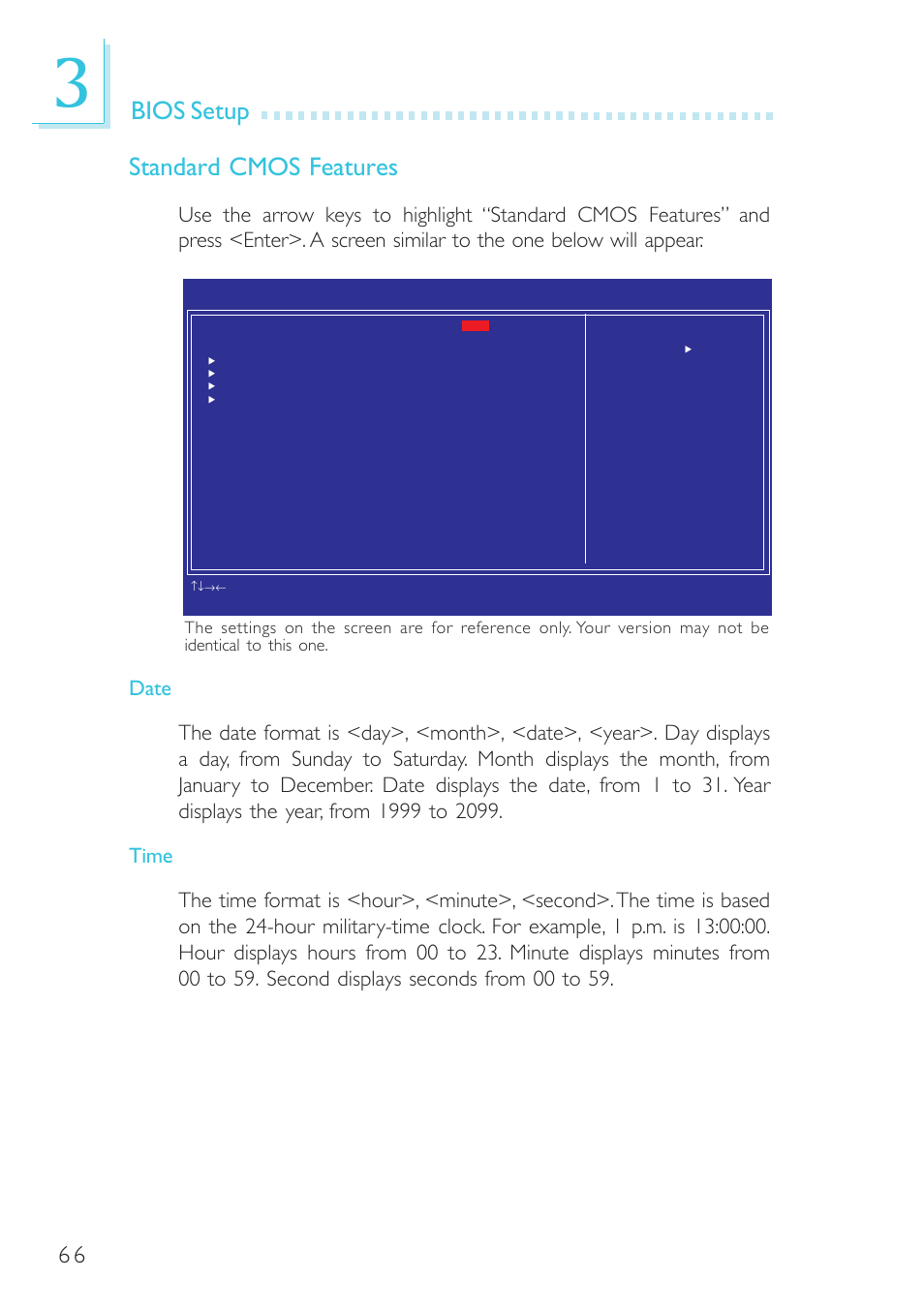 Bios setup, Standard cmos features | DFI G5C100-NR User Manual | Page 66 / 160