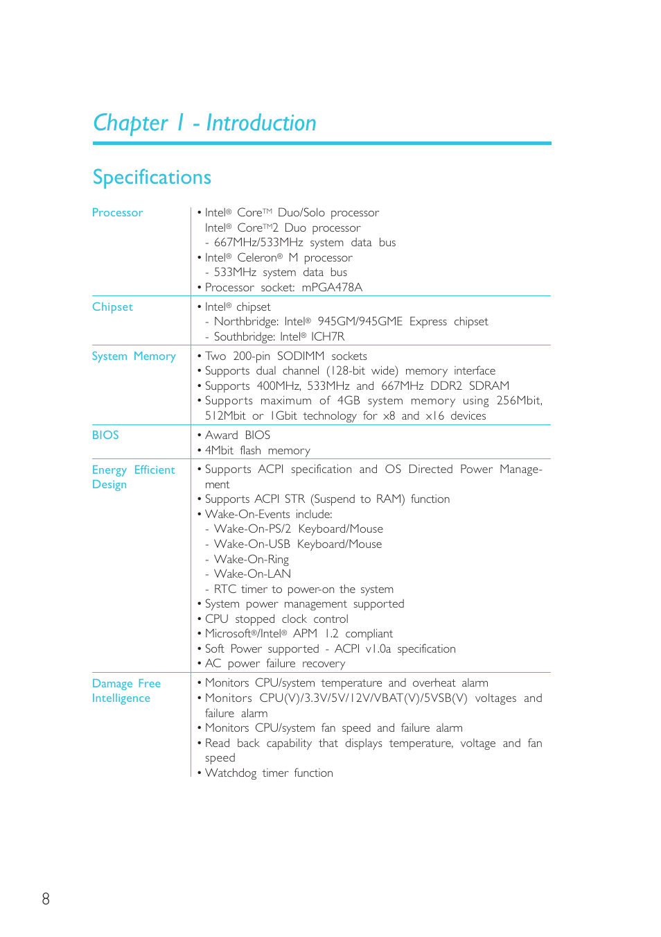 Chapter 1 - introduction, Specifications, Introduction | DFI G5C100-NR User Manual | Page 8 / 160