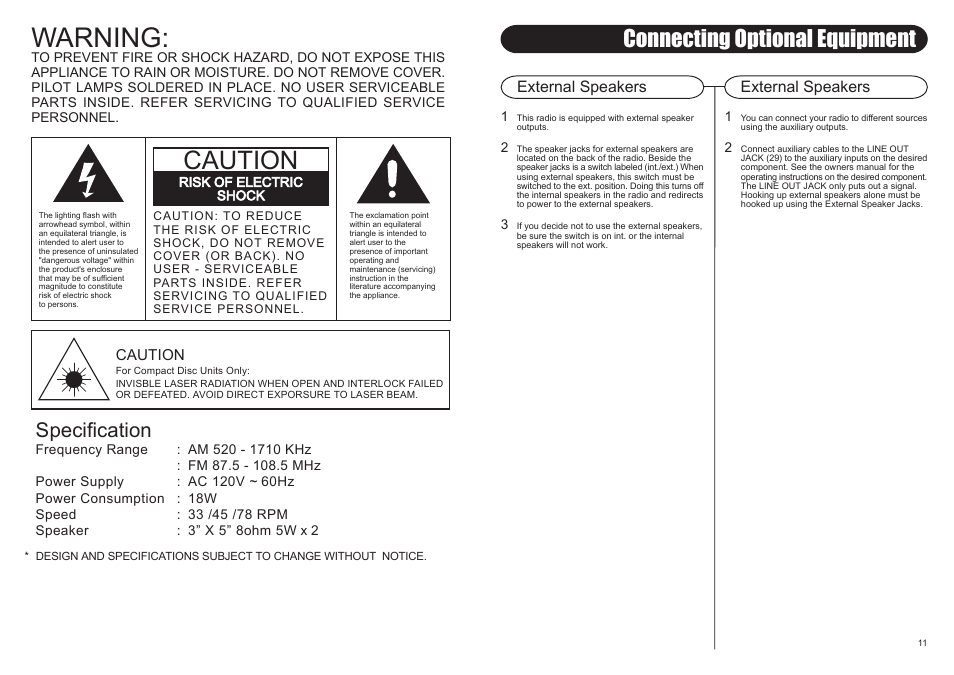 Warning, Caution, Connecting optional equipment | Specification | Crosley Radio Crosley Conductor CR73 User Manual | Page 4 / 8