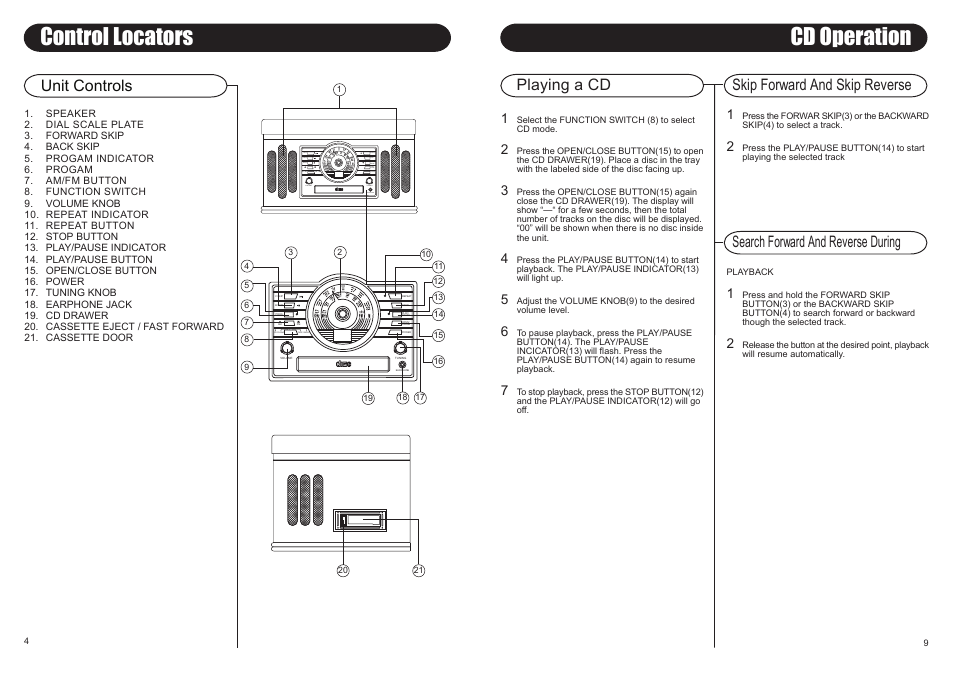 Control locators, Cd operation, Unit controls | Tape radio | Crosley Radio Crosley Conductor CR73 User Manual | Page 6 / 8