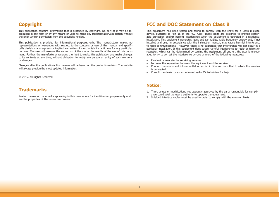 Copyright, Trademarks, Fcc and doc statement on class b | Notice | DFI HD171-H81 User Manual | Page 2 / 70