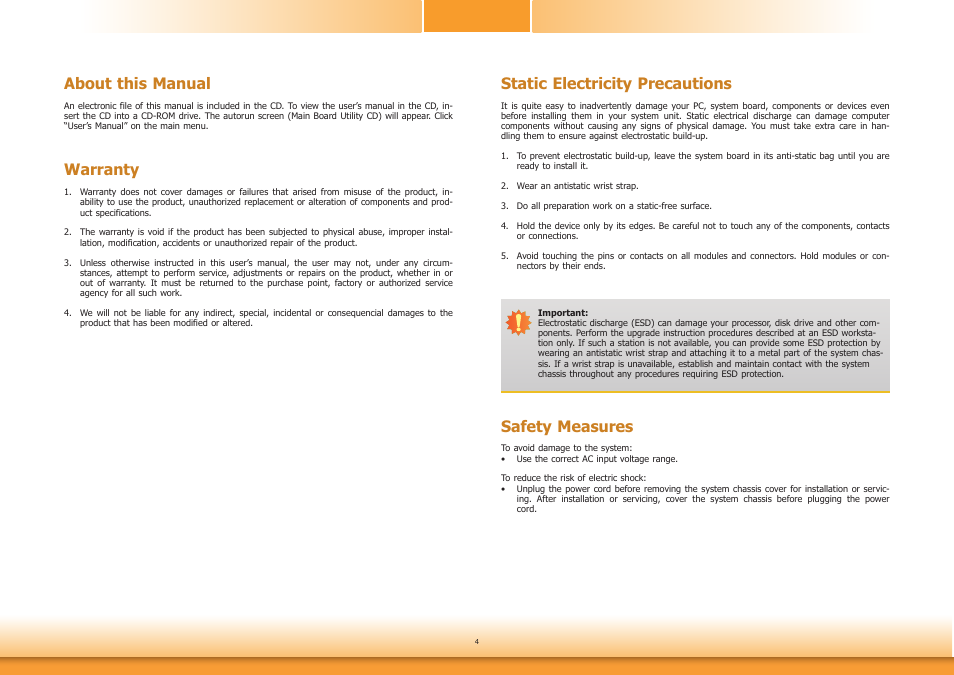 About this manual, Warranty, Static electricity precautions | Safety measures | DFI HD171-H81 User Manual | Page 4 / 70