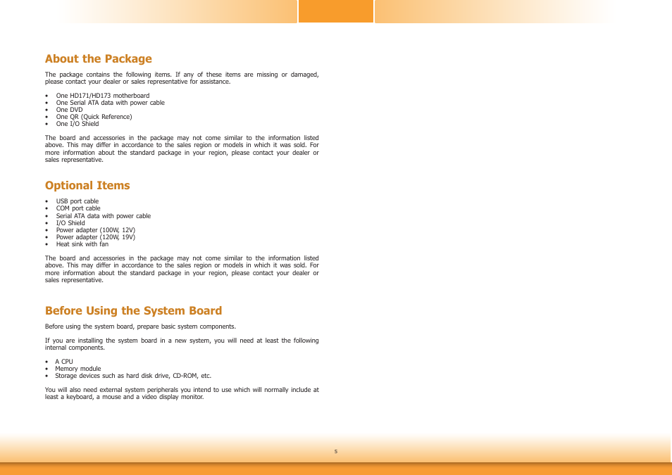 About the package, Before using the system board, Optional items | DFI HD171-H81 User Manual | Page 5 / 70