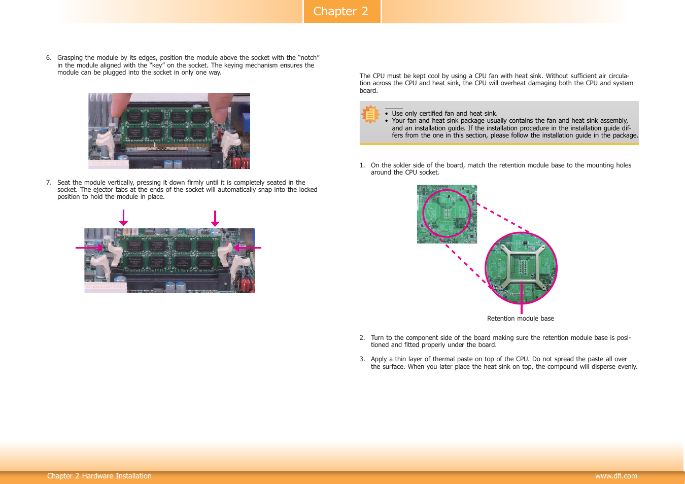 Installing the fan and heat sink, Chapter 2 | DFI HM100-HM86 User Manual | Page 11 / 97