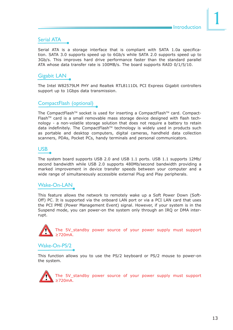 Introduction serial ata, Gigabit lan, Compactflash (optional) | Wake-on-lan, Wake-on-ps/2 | DFI HR100-CRM User Manual | Page 13 / 170