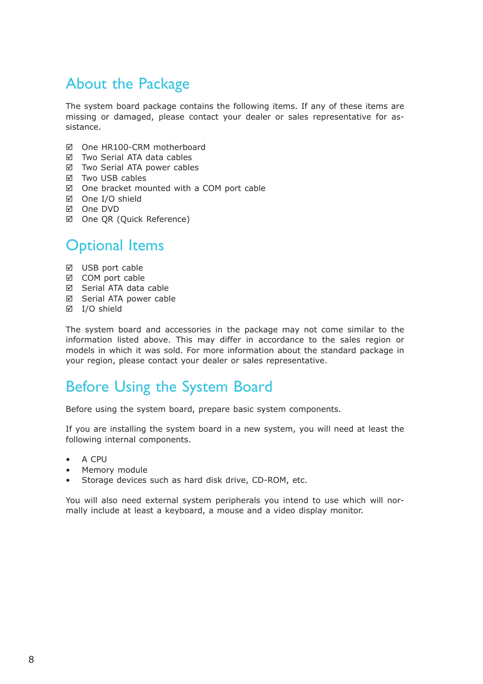 About the package, Before using the system board, Optional items | DFI HR100-CRM User Manual | Page 8 / 170