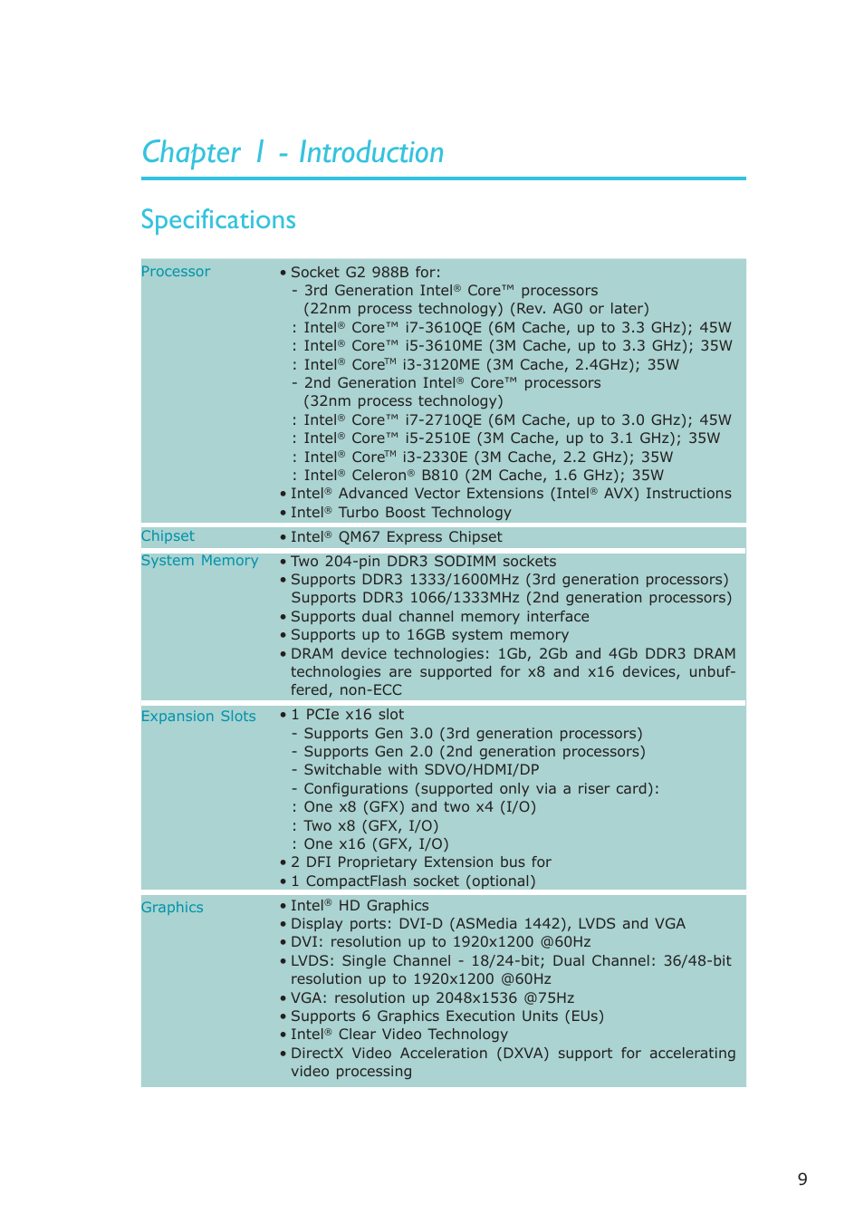 Chapter 1 - introduction, Specifications, Introduction | DFI HR100-CRM User Manual | Page 9 / 170
