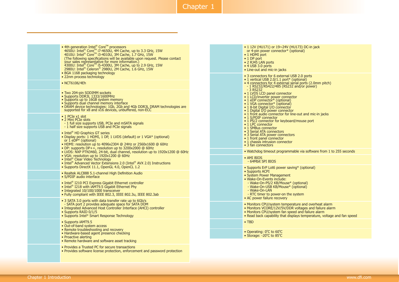 Chapter 1 - introduction, Specifications, Chapter 1 | DFI HU171 User Manual | Page 6 / 90
