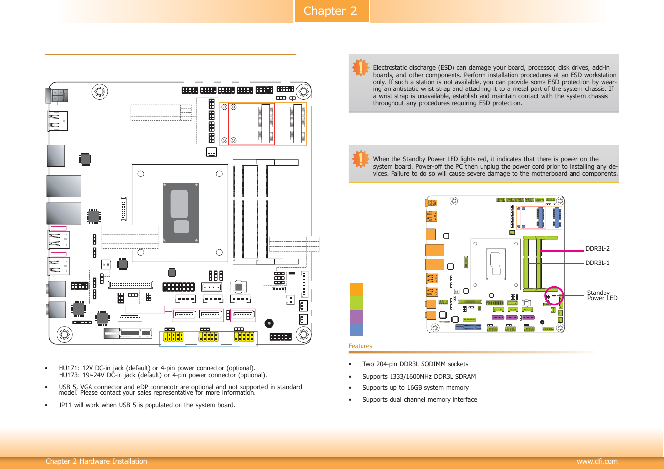 Chapter 2 - hardware installation, System board layout, System memory | Chapter 2 chapter 2 - hardware installation, Rear i/o onboard i/o storage expansion, Chapter 2 hardware installation, Two 204-pin ddr3l sodimm sockets | DFI HU171 User Manual | Page 9 / 90