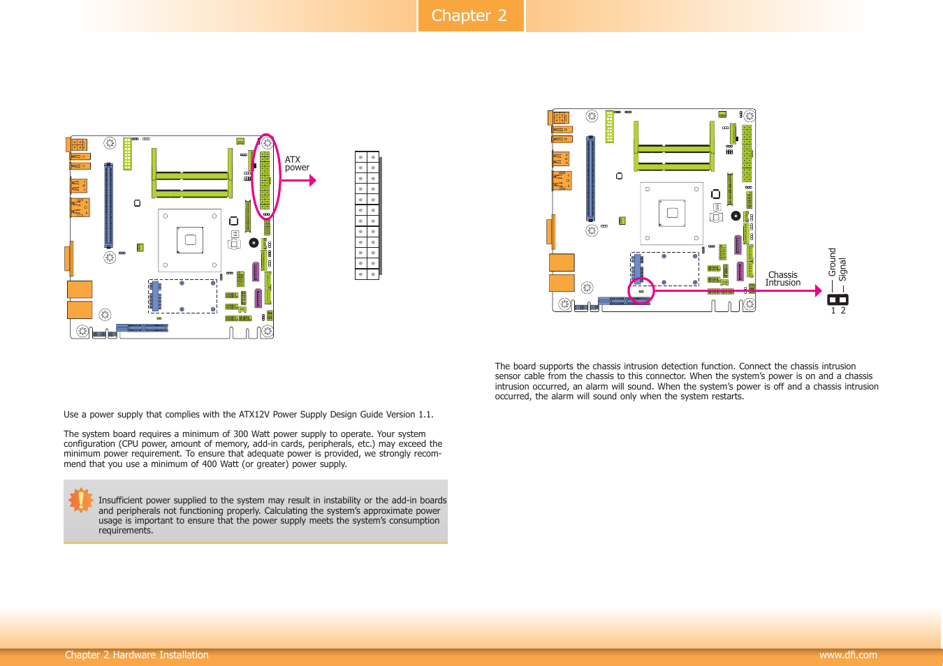 Chapter 2, Atx power connector - kb160 series, Chassis intrusion connector | DFI KB160 User Manual | Page 25 / 68