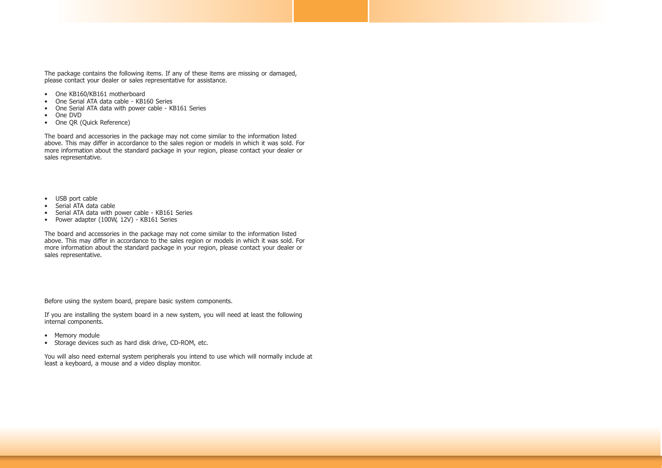 About the package, Before using the system board, Optional items | DFI KB160 User Manual | Page 5 / 68