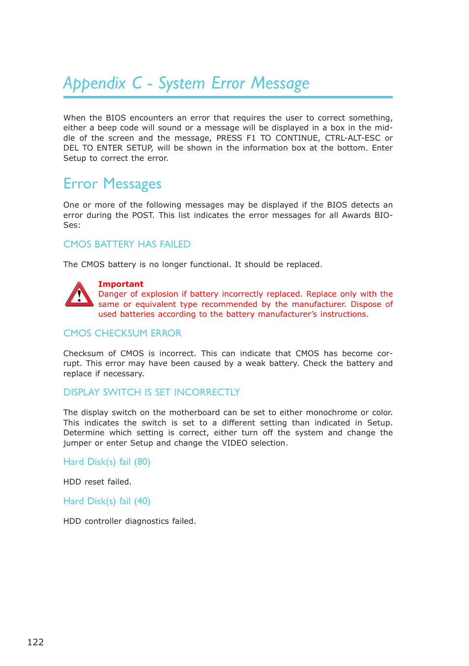 Appendix c - system error message, Error messages | DFI LR100-N16D User Manual | Page 122 / 126