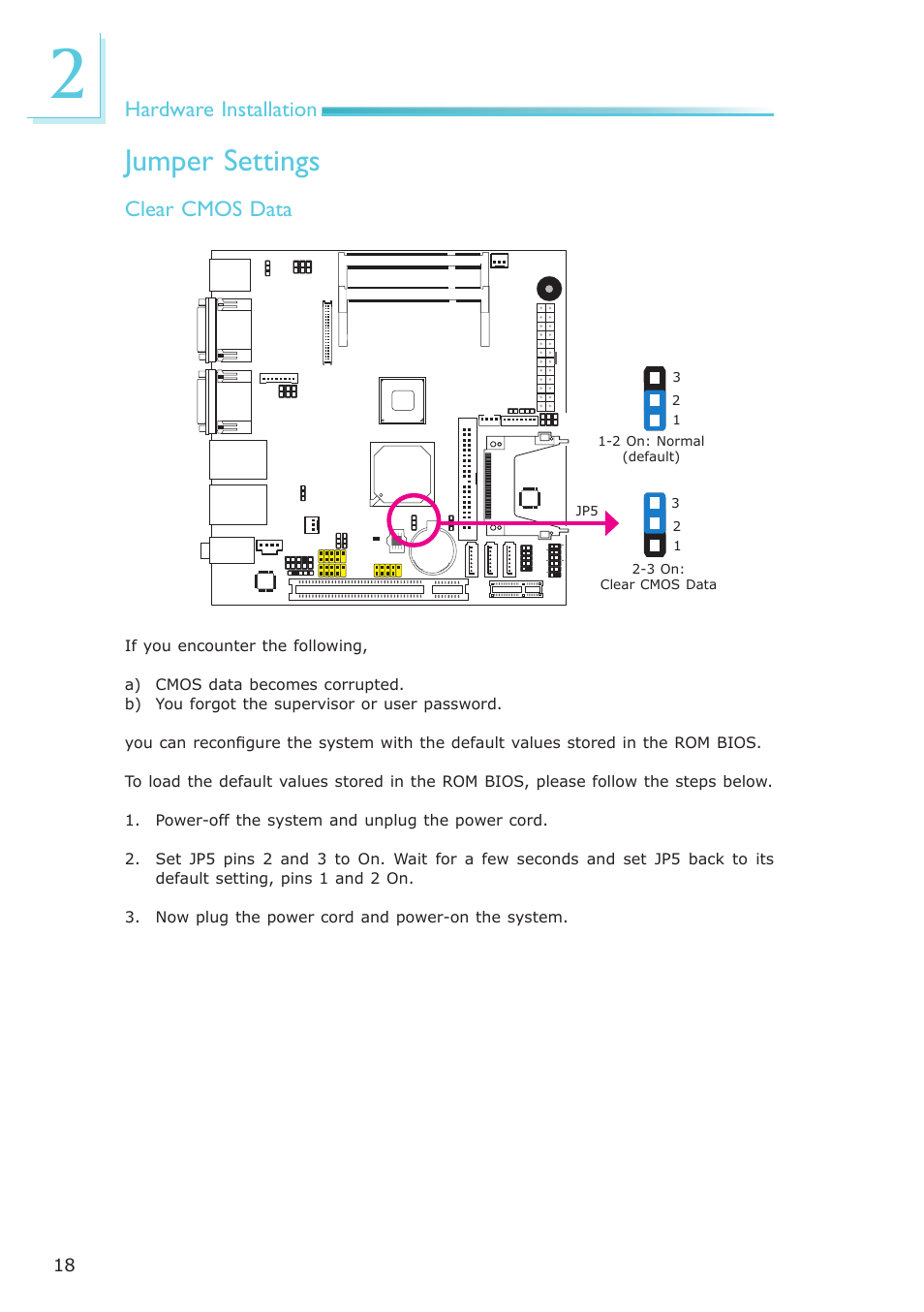 Jumper settings, Hardware installation, Clear cmos data | DFI LR100-N16D User Manual | Page 18 / 126
