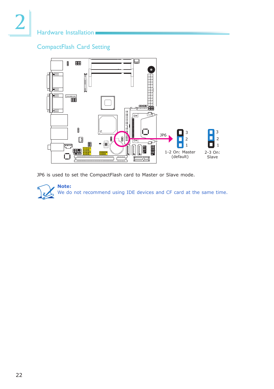 Hardware installation compactflash card setting | DFI LR100-N16D User Manual | Page 22 / 126