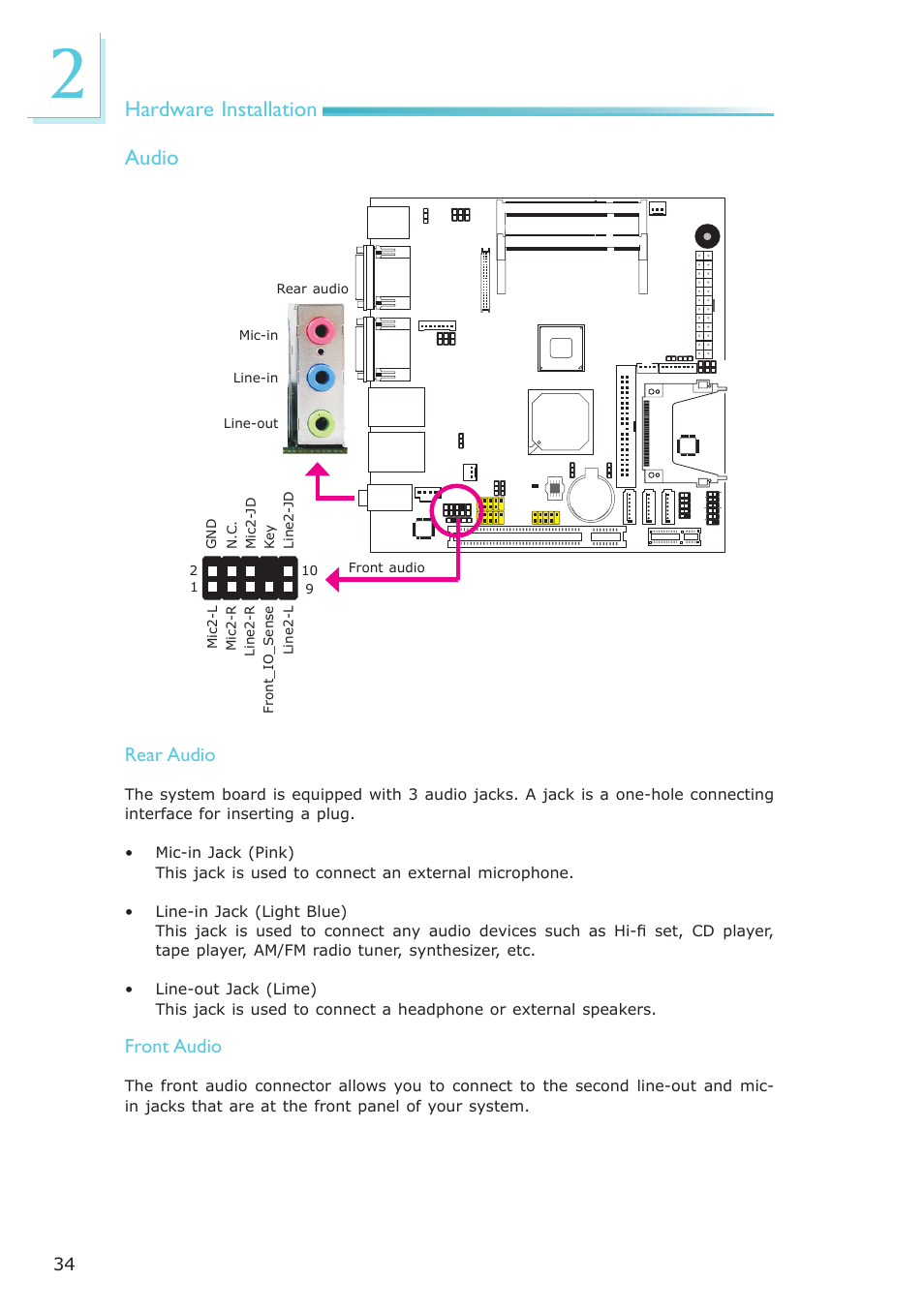 Hardware installation audio, Rear audio, Front audio | DFI LR100-N16D User Manual | Page 34 / 126