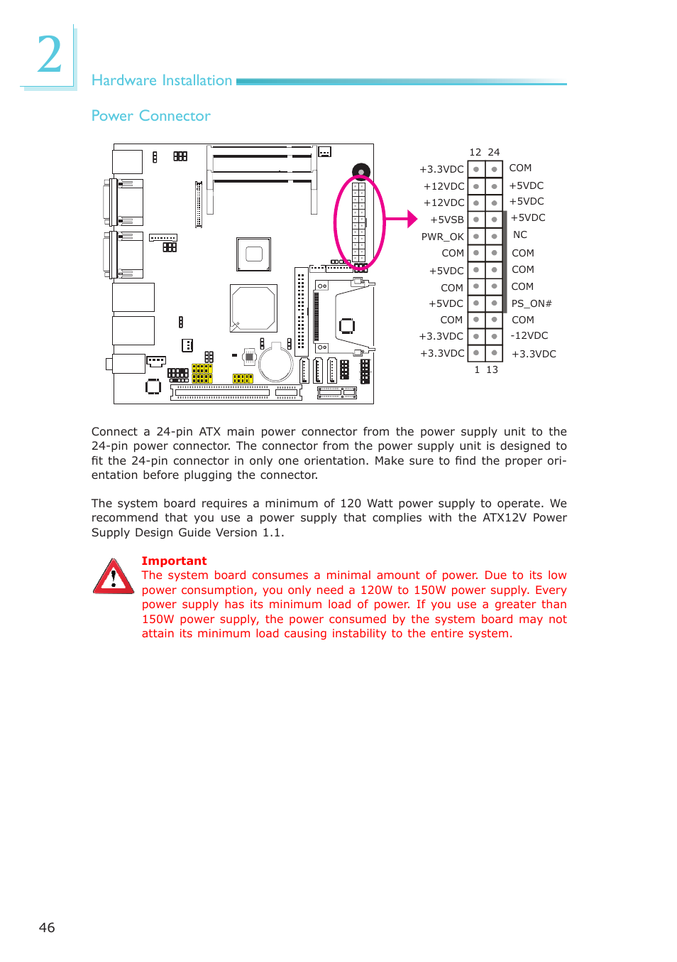 Hardware installation, Power connector | DFI LR100-N16D User Manual | Page 46 / 126