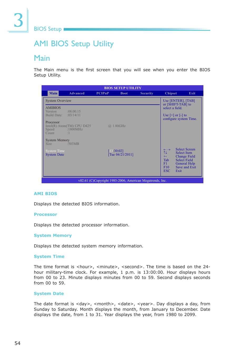 Ami bios setup utility, Main, Bios setup | DFI LR100-N16D User Manual | Page 54 / 126