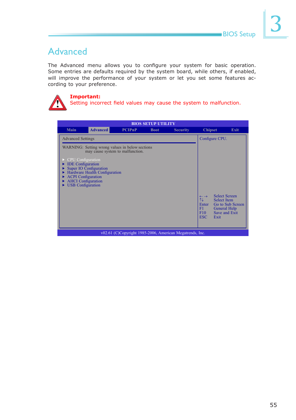 Advanced, Bios setup | DFI LR100-N16D User Manual | Page 55 / 126